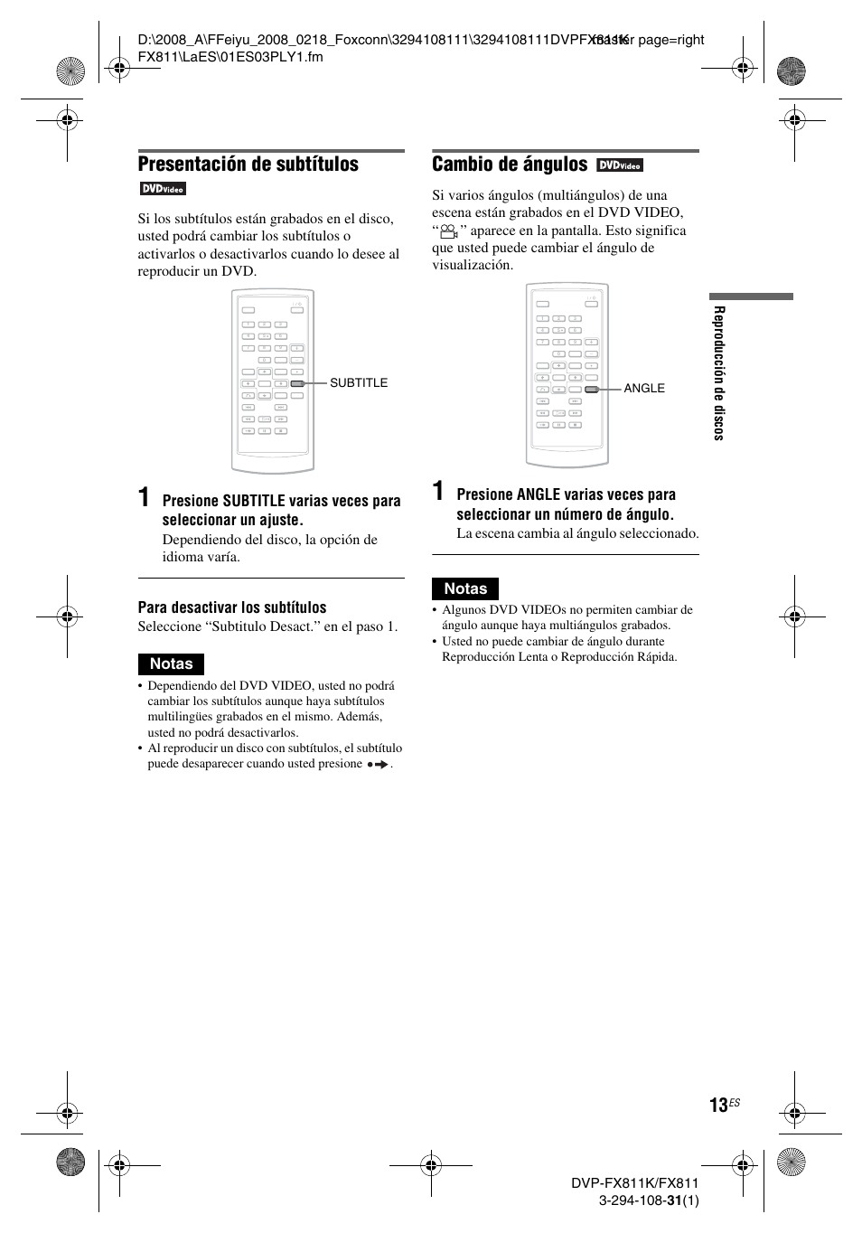 Presentación de subtítulos, Cambio de ángulos, Para desactivar los subtítulos | Notas, Presione | Sony DVP-FX811K User Manual | Page 57 / 60