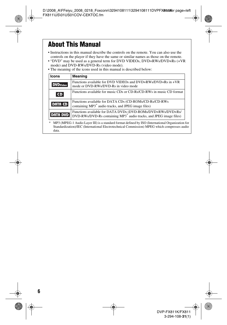 About this manual | Sony DVP-FX811K User Manual | Page 6 / 60