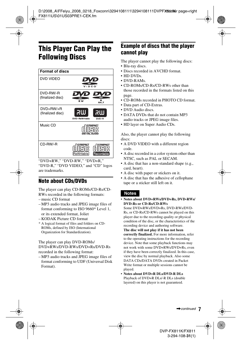 This player can play the following discs, Example of discs that the player cannot play | Sony DVP-FX811K User Manual | Page 7 / 60