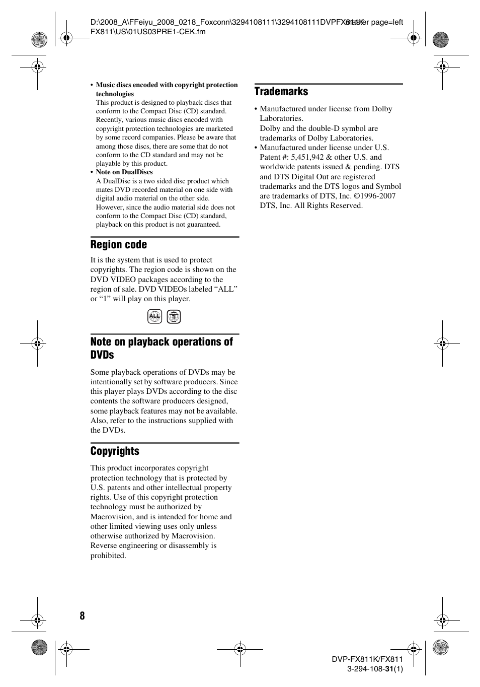 Region code, Copyrights, Trademarks | Sony DVP-FX811K User Manual | Page 8 / 60