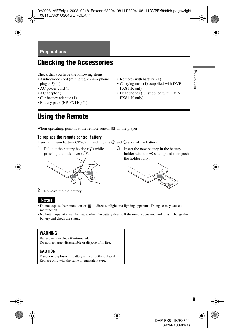 Checking the accessories, Using the remote | Sony DVP-FX811K User Manual | Page 9 / 60