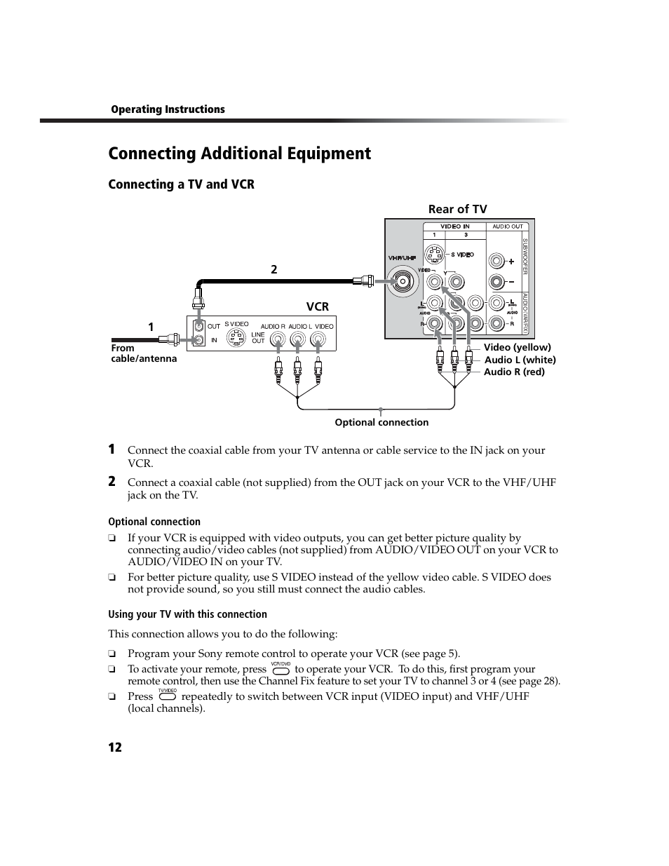 Connecting additional equipment, Connecting a tv and vcr, Rear of tv vcr 2 | Sony WEGA  KV-20FA210 User Manual | Page 20 / 56