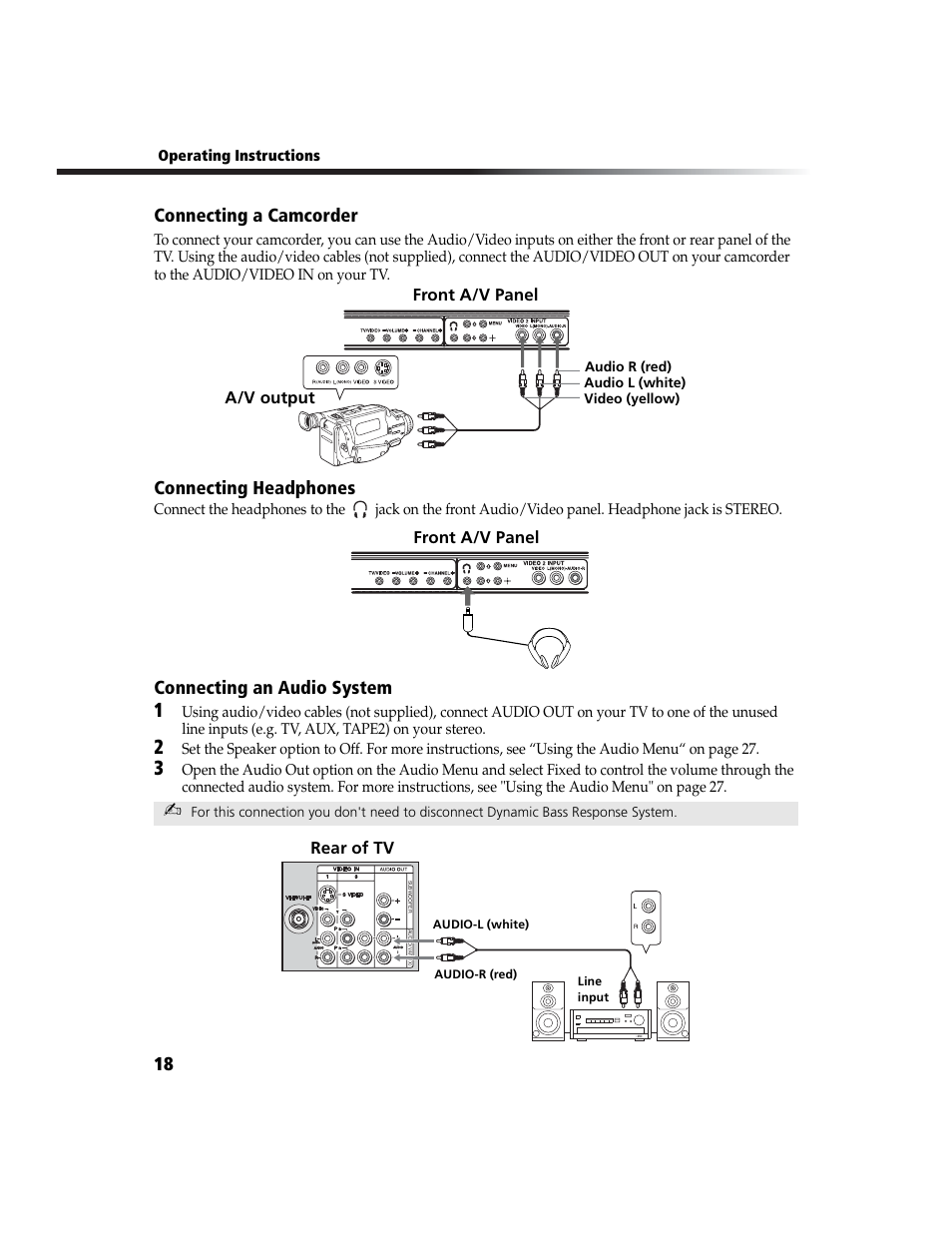 Connecting a camcorder, Connecting headphones, Connecting an audio system | A/v output, Front a/v panel, Rear of tv | Sony WEGA  KV-20FA210 User Manual | Page 26 / 56