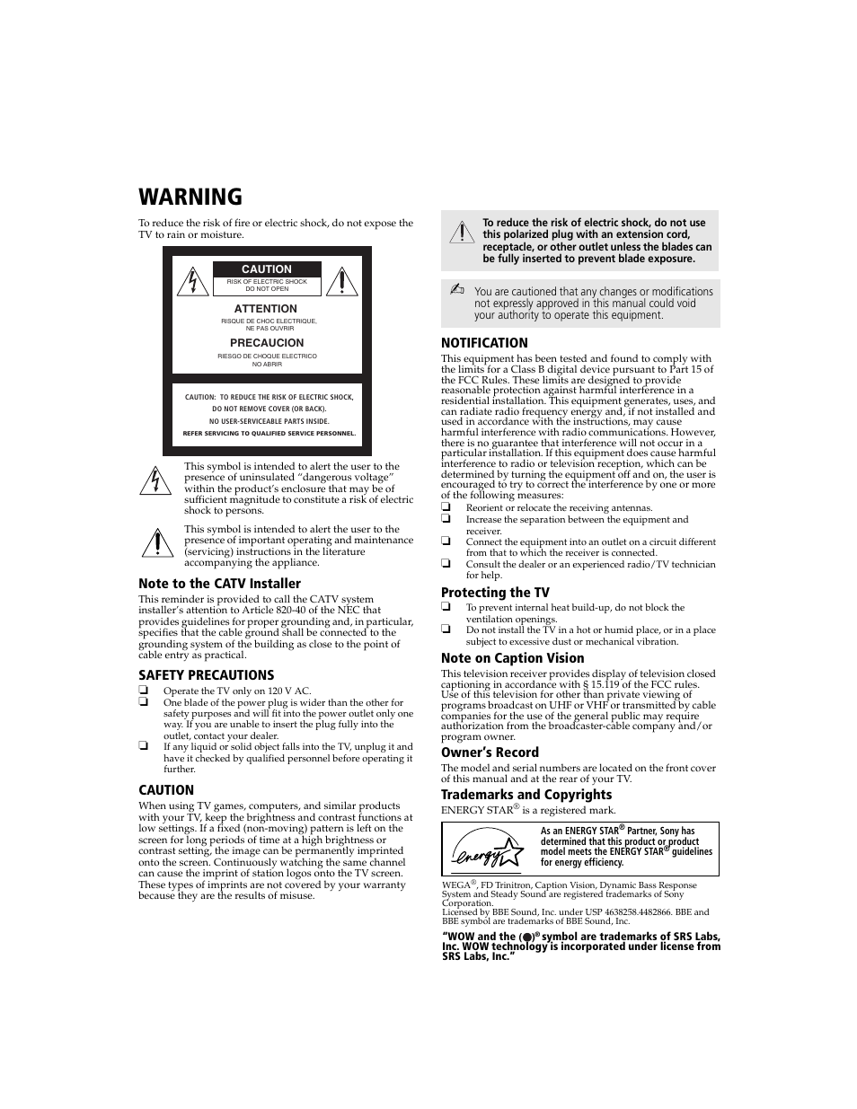 Warning, Note to the catv installer, Safety precautions | Caution, Notification, Protecting the tv, Note on caption vision, Owner’s record, Trademarks and copyrights, Connecting additional equipment | Sony WEGA  KV-20FA210 User Manual | Page 3 / 56