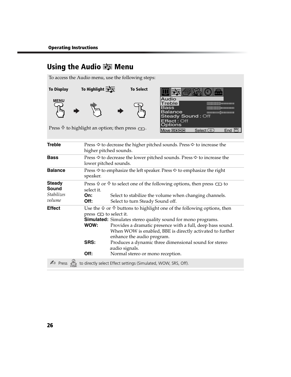 Using the audio menu | Sony WEGA  KV-20FA210 User Manual | Page 34 / 56