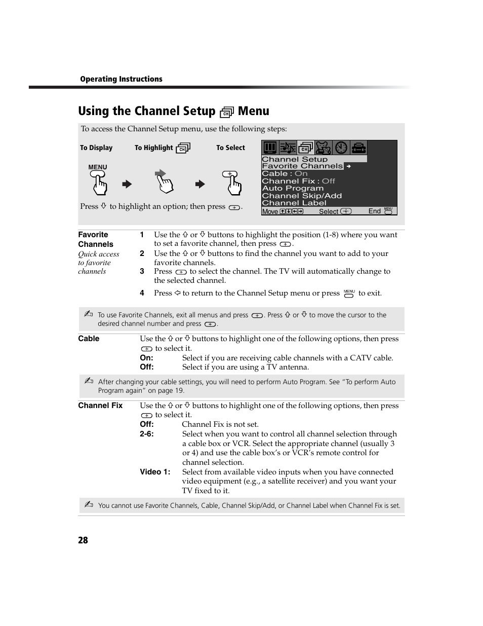 Using the channel setup menu | Sony WEGA  KV-20FA210 User Manual | Page 36 / 56