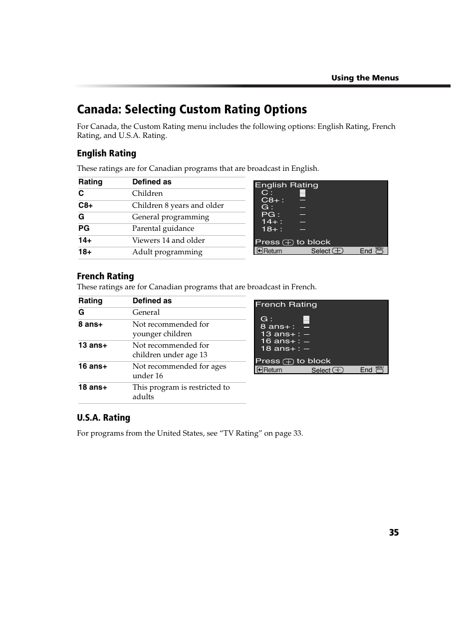 Canada: selecting custom rating options, English rating, French rating | Sony WEGA  KV-20FA210 User Manual | Page 43 / 56