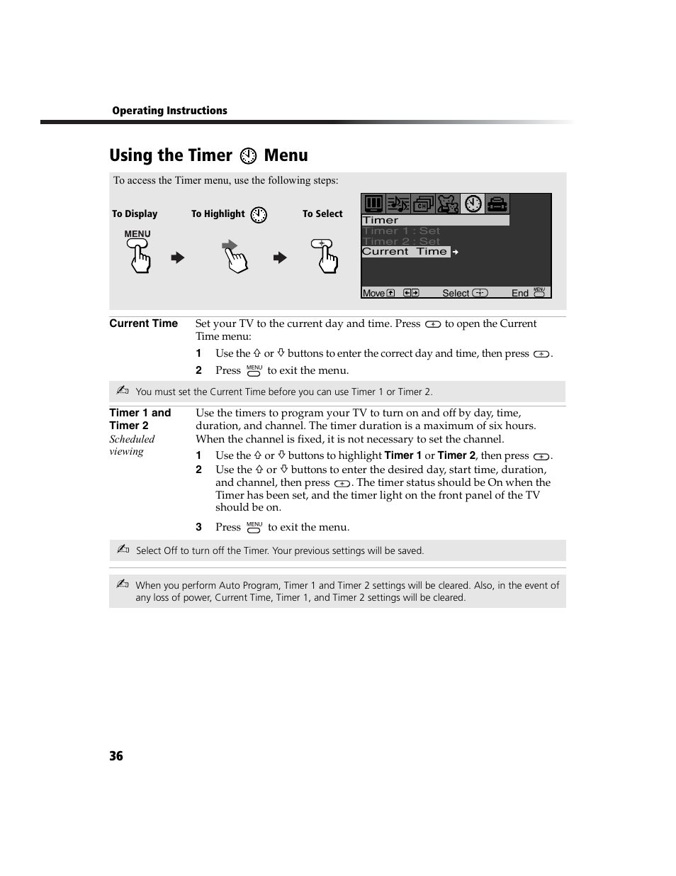 Using the timer menu | Sony WEGA  KV-20FA210 User Manual | Page 44 / 56