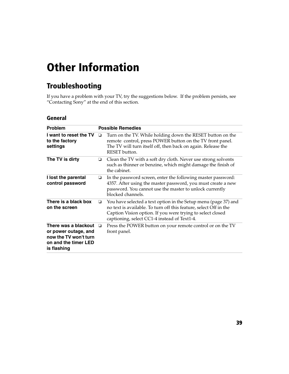 Other information, Troubleshooting | Sony WEGA  KV-20FA210 User Manual | Page 47 / 56