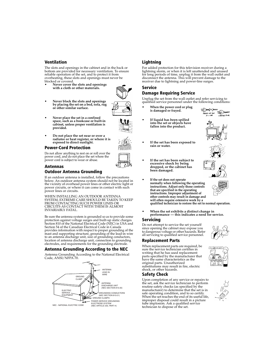 Antennas, Service, Connecting additional equipment ventilation | Power-cord protection, Antennas outdoor antenna grounding, Antenna grounding according to the nec, Lightning, Service damage requiring service, Servicing, Replacement parts | Sony WEGA  KV-20FA210 User Manual | Page 5 / 56