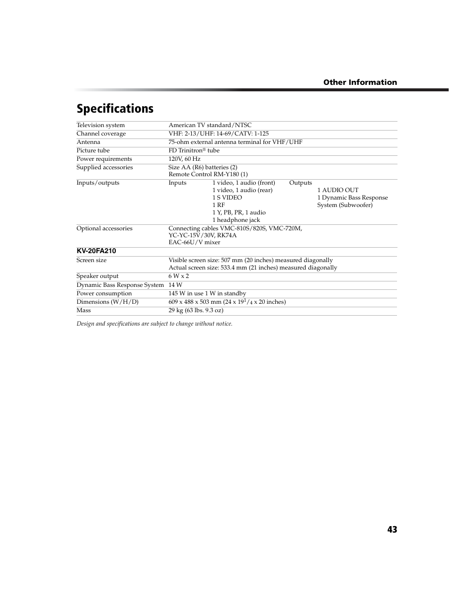 Specifications | Sony WEGA  KV-20FA210 User Manual | Page 51 / 56