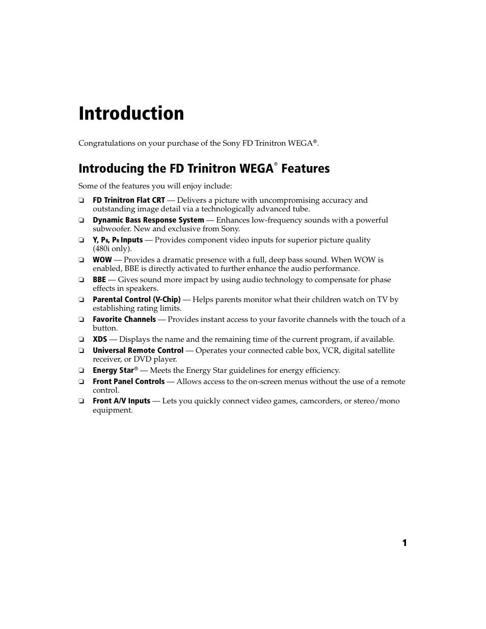 Introduction, Introducing the fd trinitron wega features, Introducing the fd trinitron wega | Sony WEGA  KV-20FA210 User Manual | Page 9 / 56