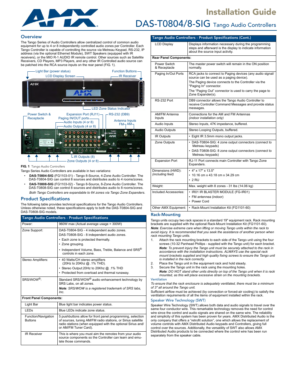 AMX Tango Audio Controllers DAS-T0804/8-SIG User Manual | 2 pages