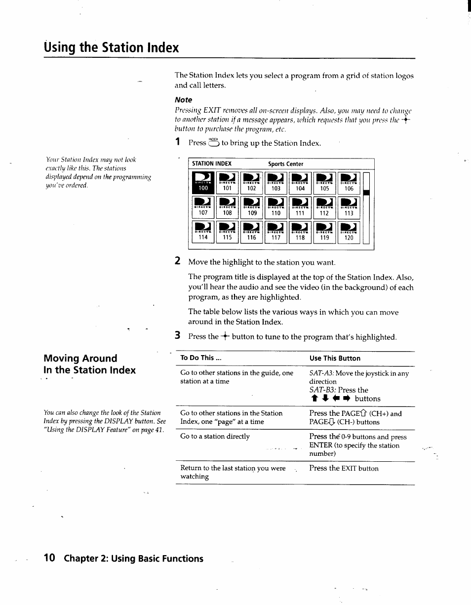 Using the station index, Moving around in the station index, 10 chapter 2: using basic functions | Sony SAT-A3 User Manual | Page 10 / 116