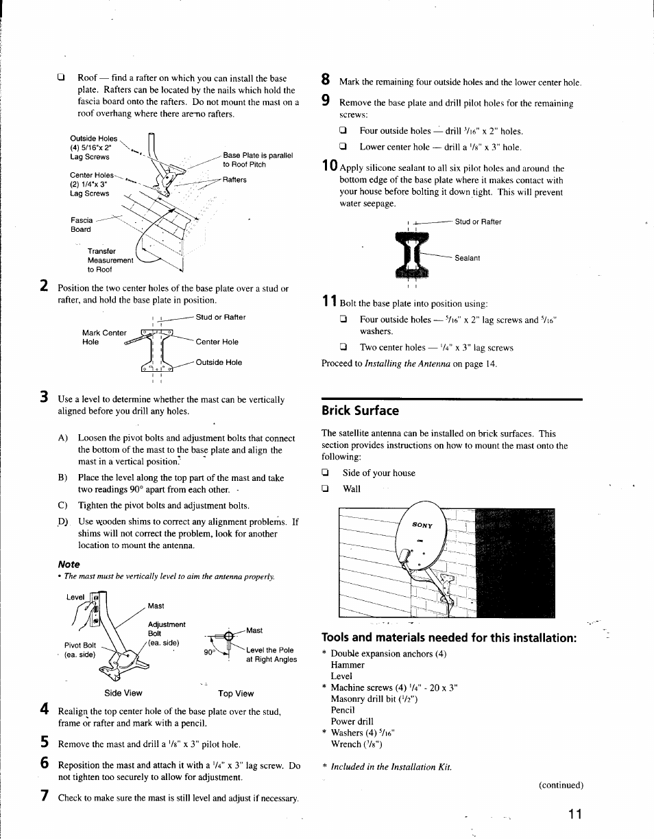 Brick surface, Tools and materials needed for this installation | Sony SAT-A3 User Manual | Page 105 / 116