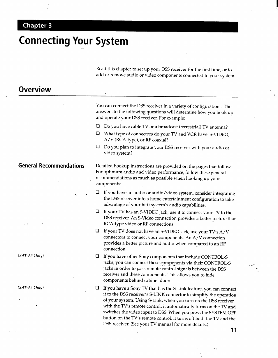 Connecting your system, Overview, Chapter 3 | General recommendations | Sony SAT-A3 User Manual | Page 11 / 116