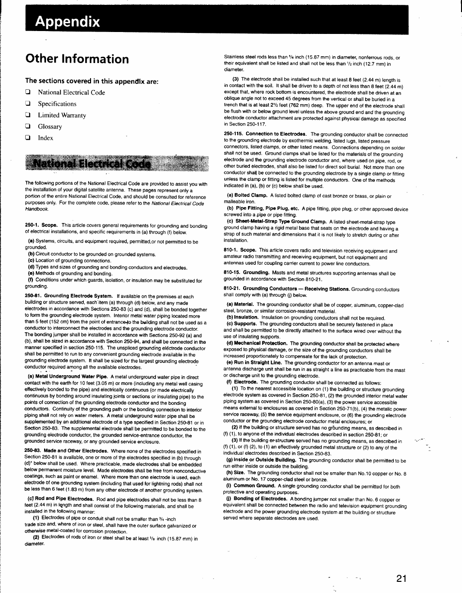 Appendix, Other information, National electrical code | Sony SAT-A3 User Manual | Page 114 / 116