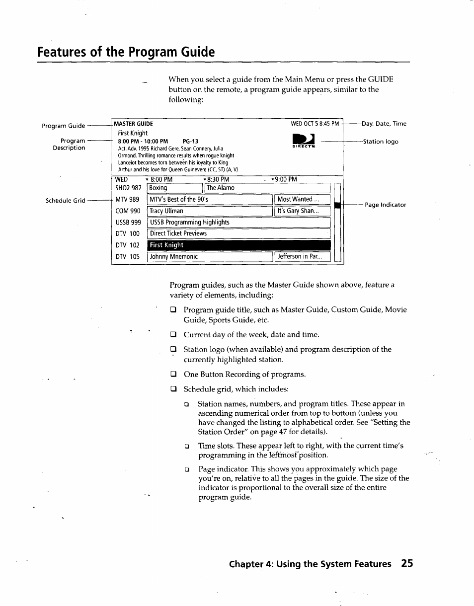 Features of the program guide, Chapter 4: using the system features 25 | Sony SAT-A3 User Manual | Page 25 / 116