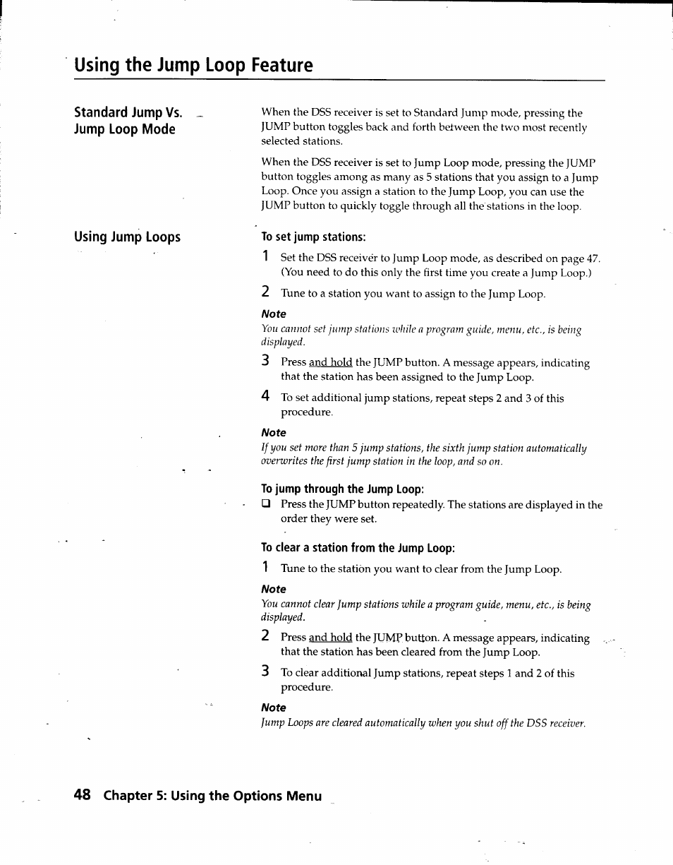 Using the jump loop feature, To set jump stations, To jump through the jump loop | To clear a station from the jump loop, 48 chapter 5: using the options menu | Sony SAT-A3 User Manual | Page 48 / 116