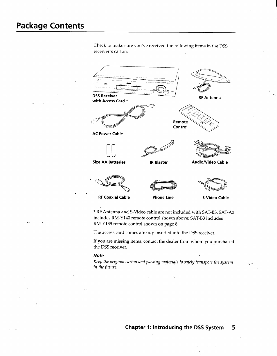 Package contents, Chapter 1: introducing the dss system 5 | Sony SAT-A3 User Manual | Page 5 / 116