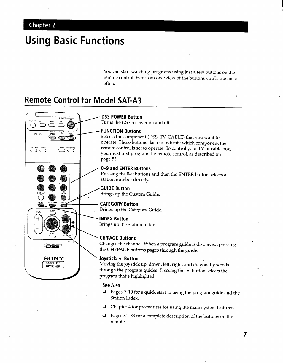 Using basic functions, Remote control for model sat-a3, Dss power button | Function buttons, 9 and enter buttons, Guide button, Category button, Index button, Joystick/-^- button, See also | Sony SAT-A3 User Manual | Page 7 / 116