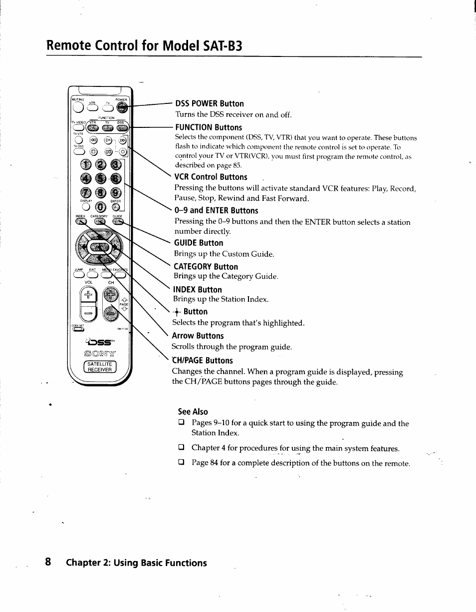 Remote control for model sat-b3, Dss power button, Function buttons | Vcr control buttons, 9 and enter buttons, Guide button, Category button, Index button, Button, Arrow buttons | Sony SAT-A3 User Manual | Page 8 / 116