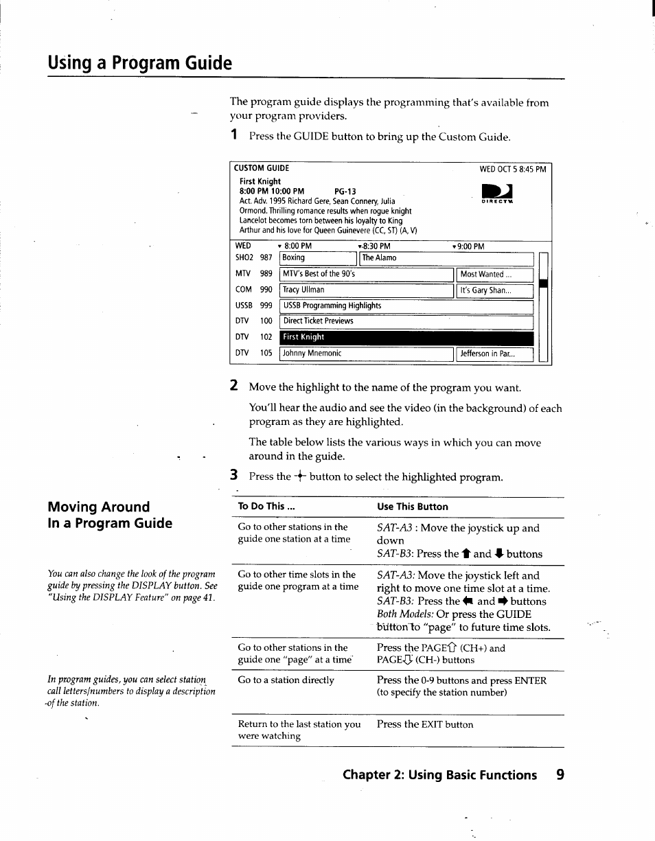 Using a program guide, Chapter 2: using basic functions 9, Moving around | Sony SAT-A3 User Manual | Page 9 / 116