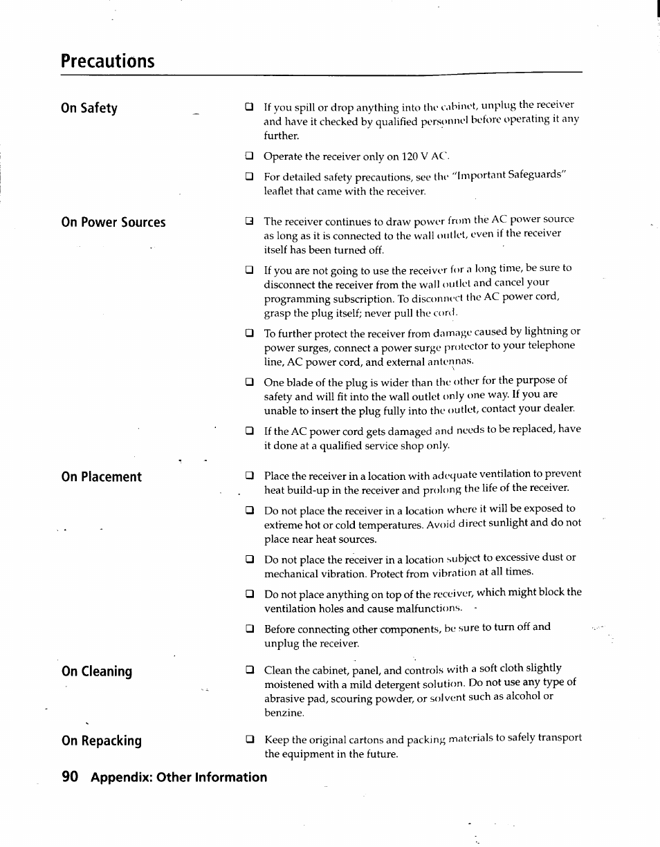 Precautions, 90 appendix: other information | Sony SAT-A3 User Manual | Page 90 / 116