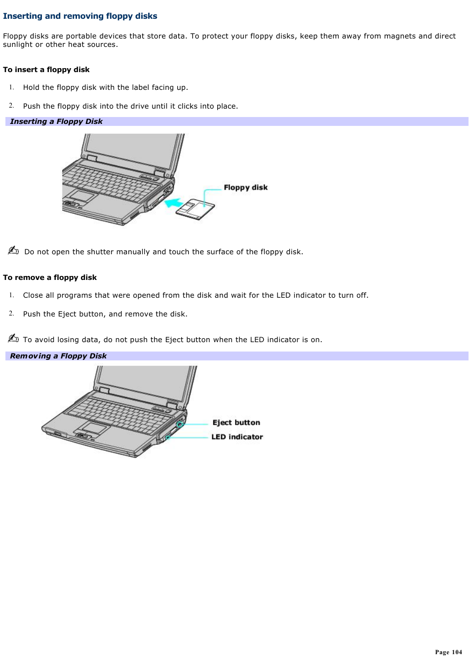 Inserting and removing floppy disks | Sony PCG-NV200 User Manual | Page 104 / 187