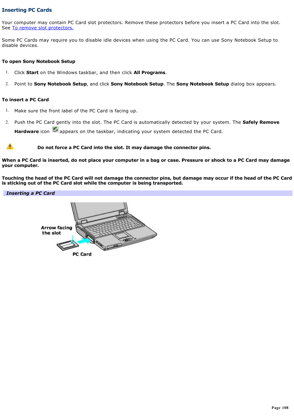 Inserting pc cards, Inserting pc, Cards | Inserting, Pc cards | Sony PCG-NV200 User Manual | Page 108 / 187