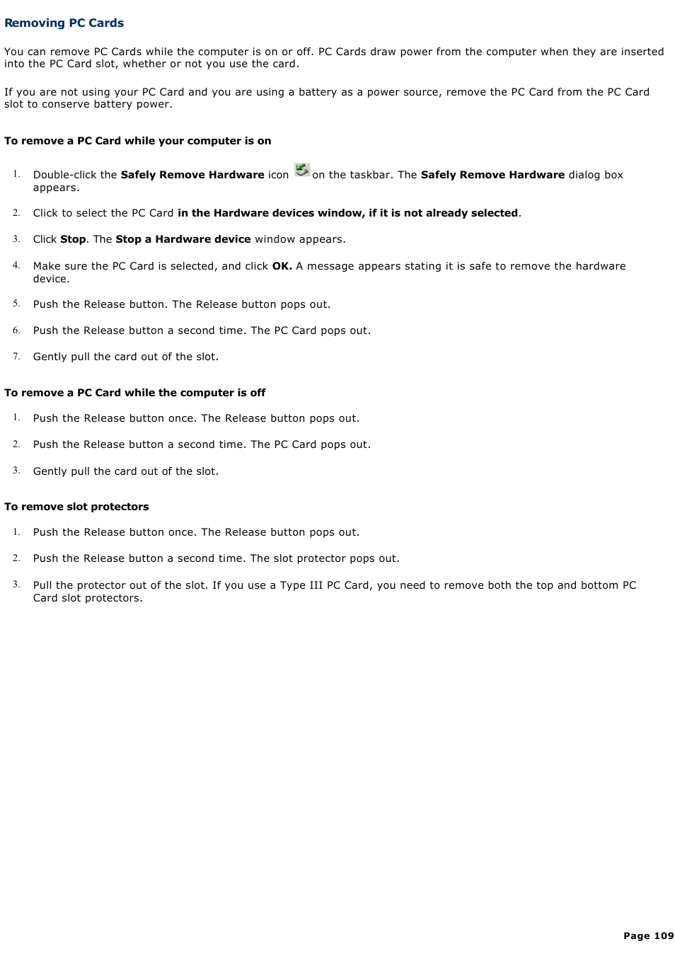 Removing pc cards | Sony PCG-NV200 User Manual | Page 109 / 187