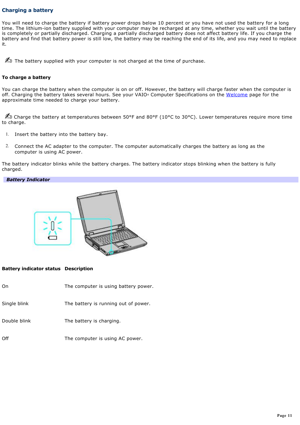 Charging a battery | Sony PCG-NV200 User Manual | Page 11 / 187