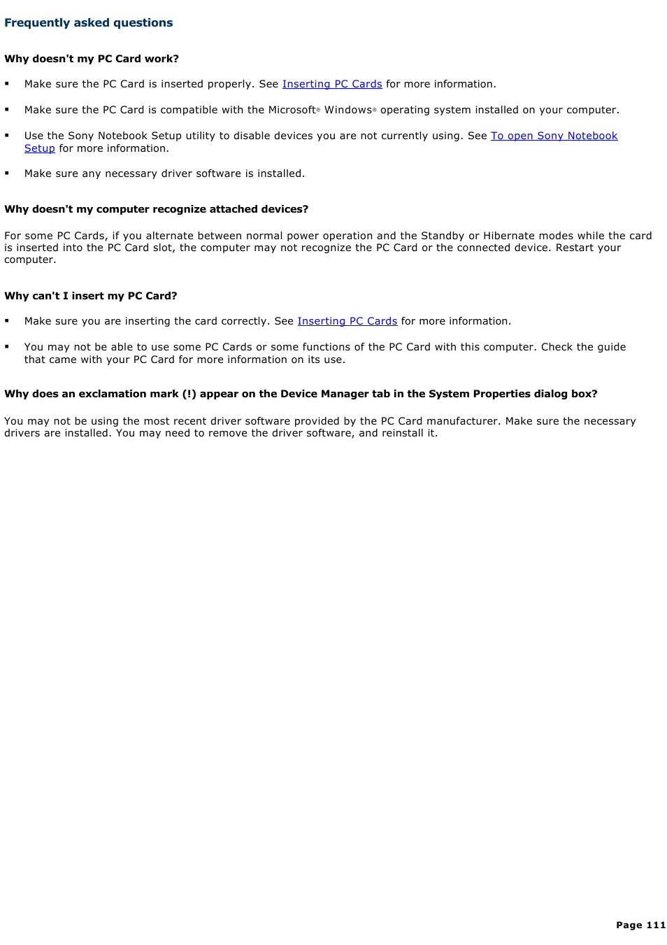 Frequently asked questions | Sony PCG-NV200 User Manual | Page 111 / 187