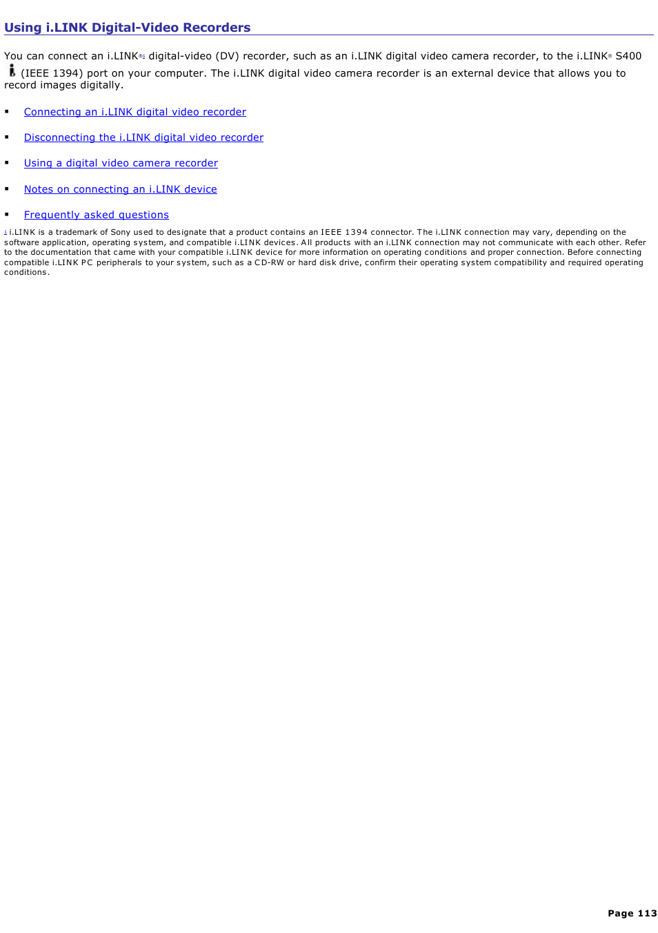 Using i.link digital-video recorders | Sony PCG-NV200 User Manual | Page 113 / 187