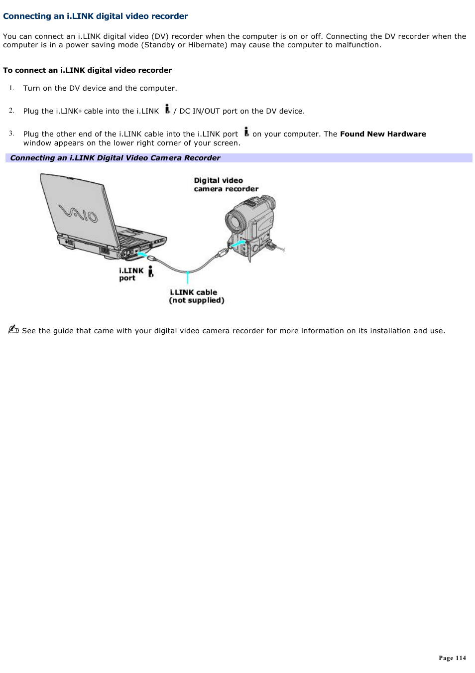 Connecting an i.link digital video recorder | Sony PCG-NV200 User Manual | Page 114 / 187