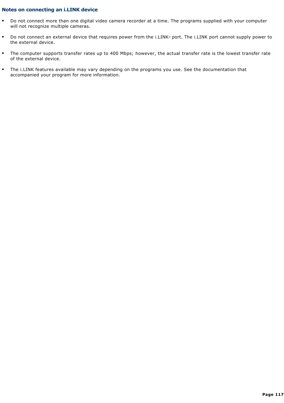 Notes on connecting an i.link device | Sony PCG-NV200 User Manual | Page 117 / 187