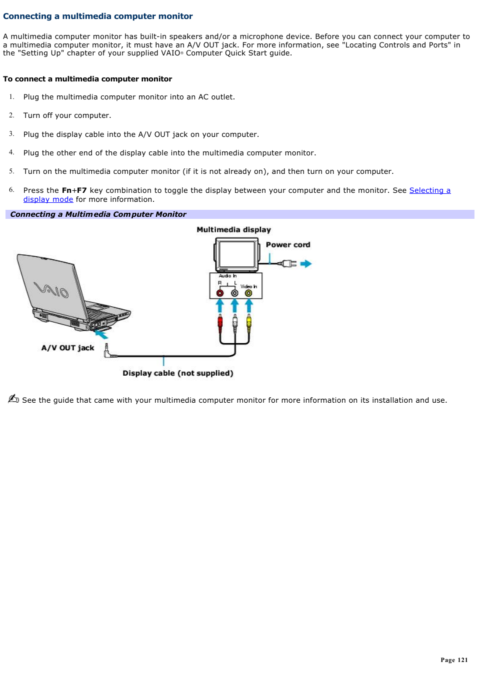 Connecting a multimedia computer monitor | Sony PCG-NV200 User Manual | Page 121 / 187