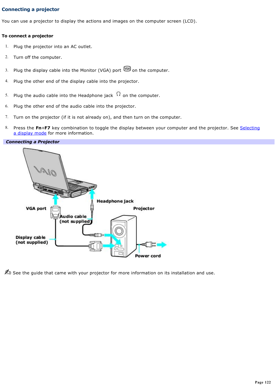Connecting a projector | Sony PCG-NV200 User Manual | Page 122 / 187