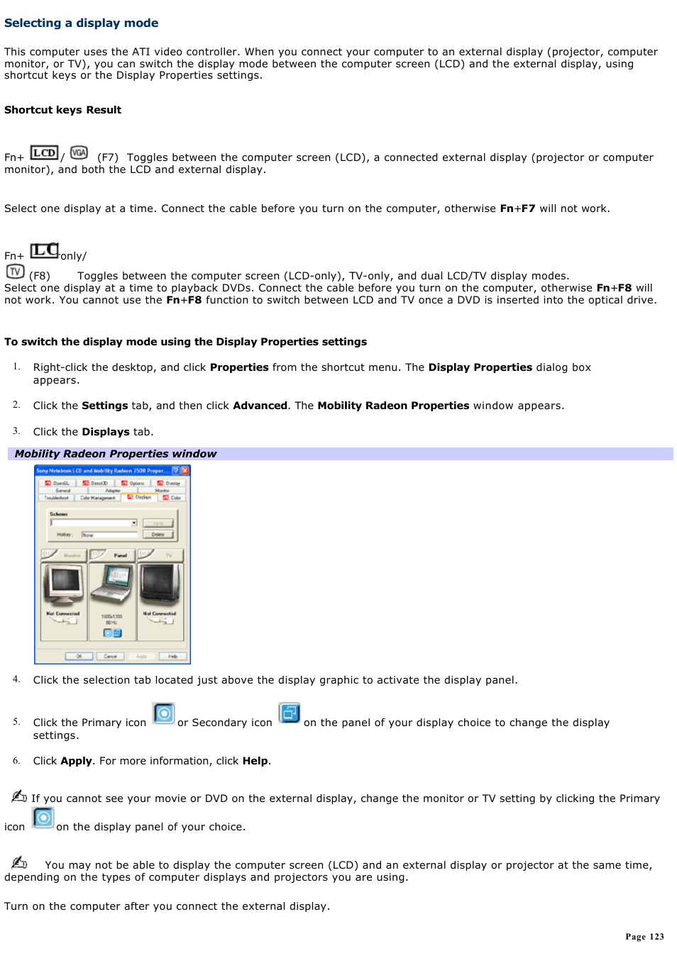 Selecting a display mode, For more | Sony PCG-NV200 User Manual | Page 123 / 187