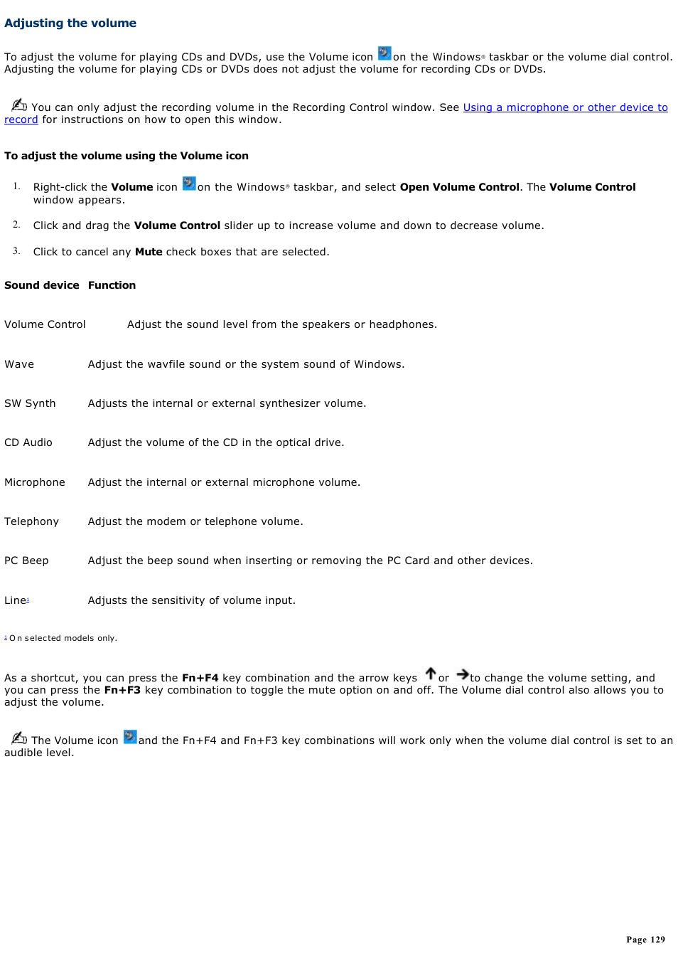 Adjusting the volume | Sony PCG-NV200 User Manual | Page 129 / 187