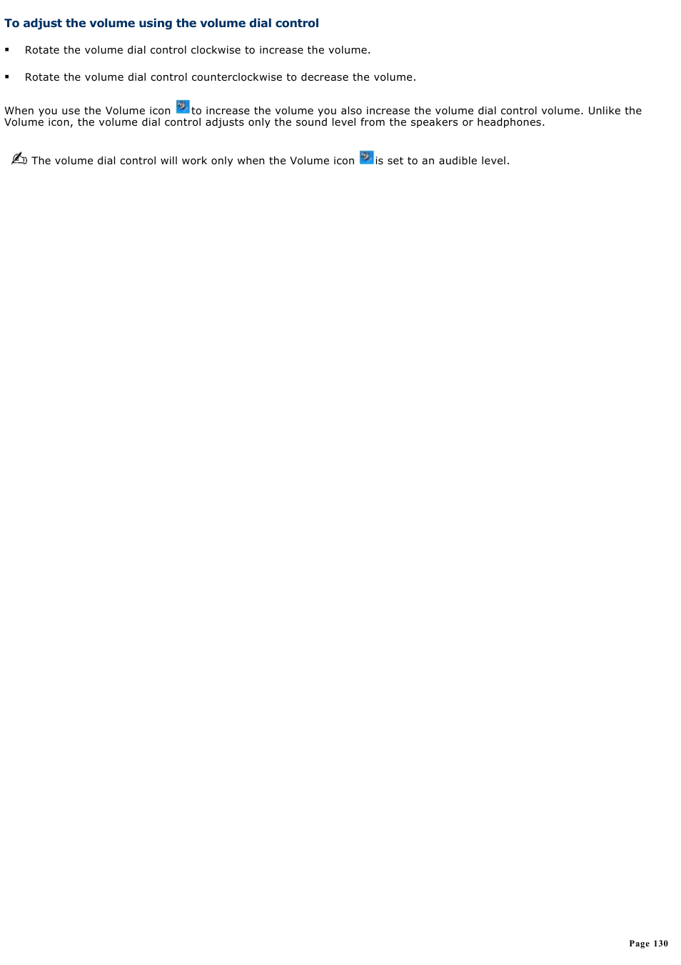 To adjust the volume using the volume dial control | Sony PCG-NV200 User Manual | Page 130 / 187