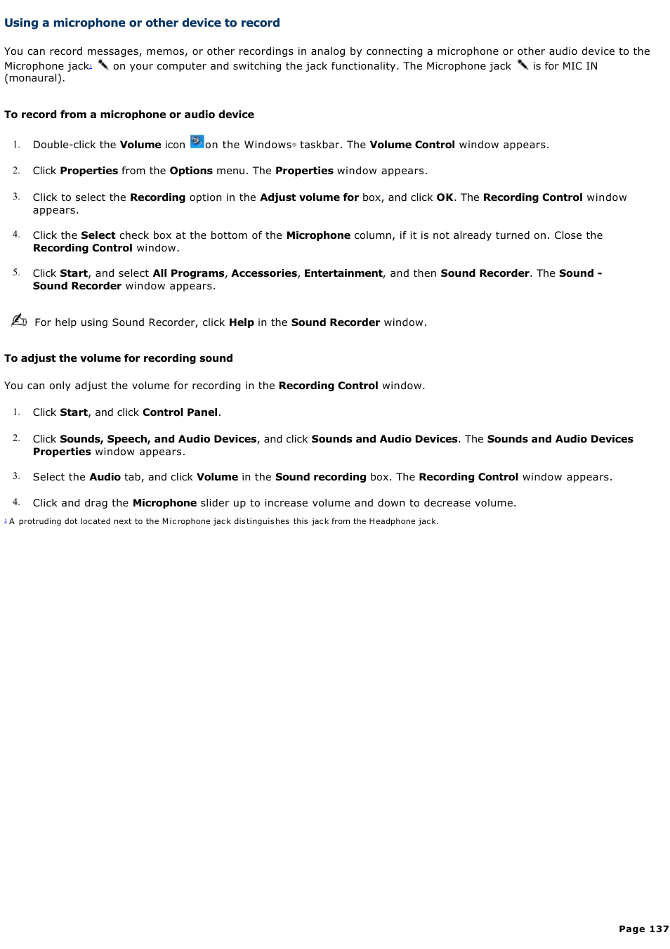 Using a microphone or other device to record, Using a microphone or other device to, Record | For instructions on how to open this window | Sony PCG-NV200 User Manual | Page 137 / 187