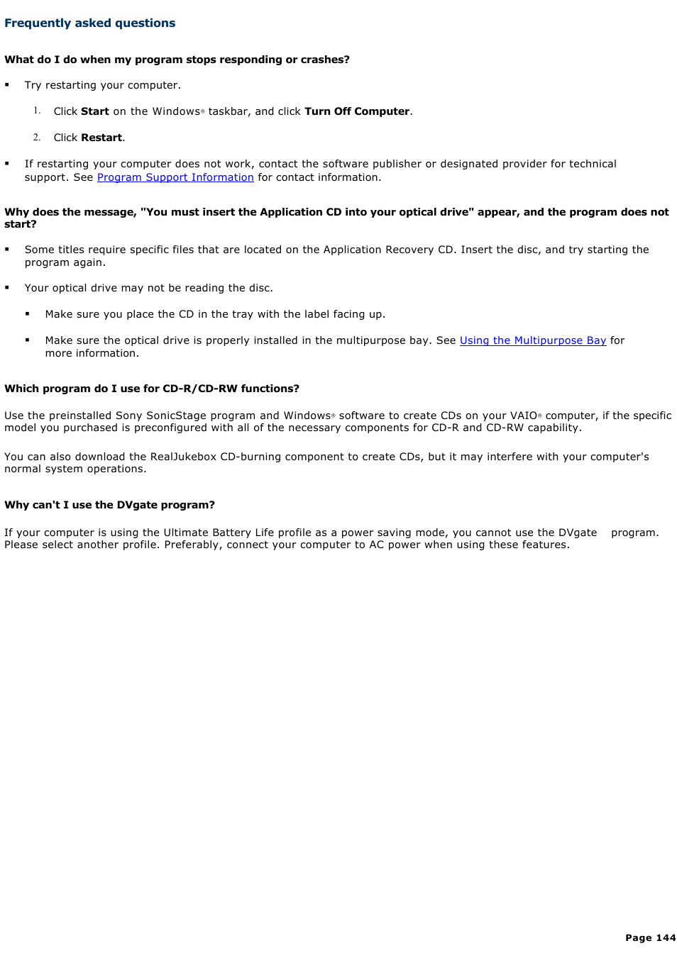 Frequently asked questions | Sony PCG-NV200 User Manual | Page 144 / 187