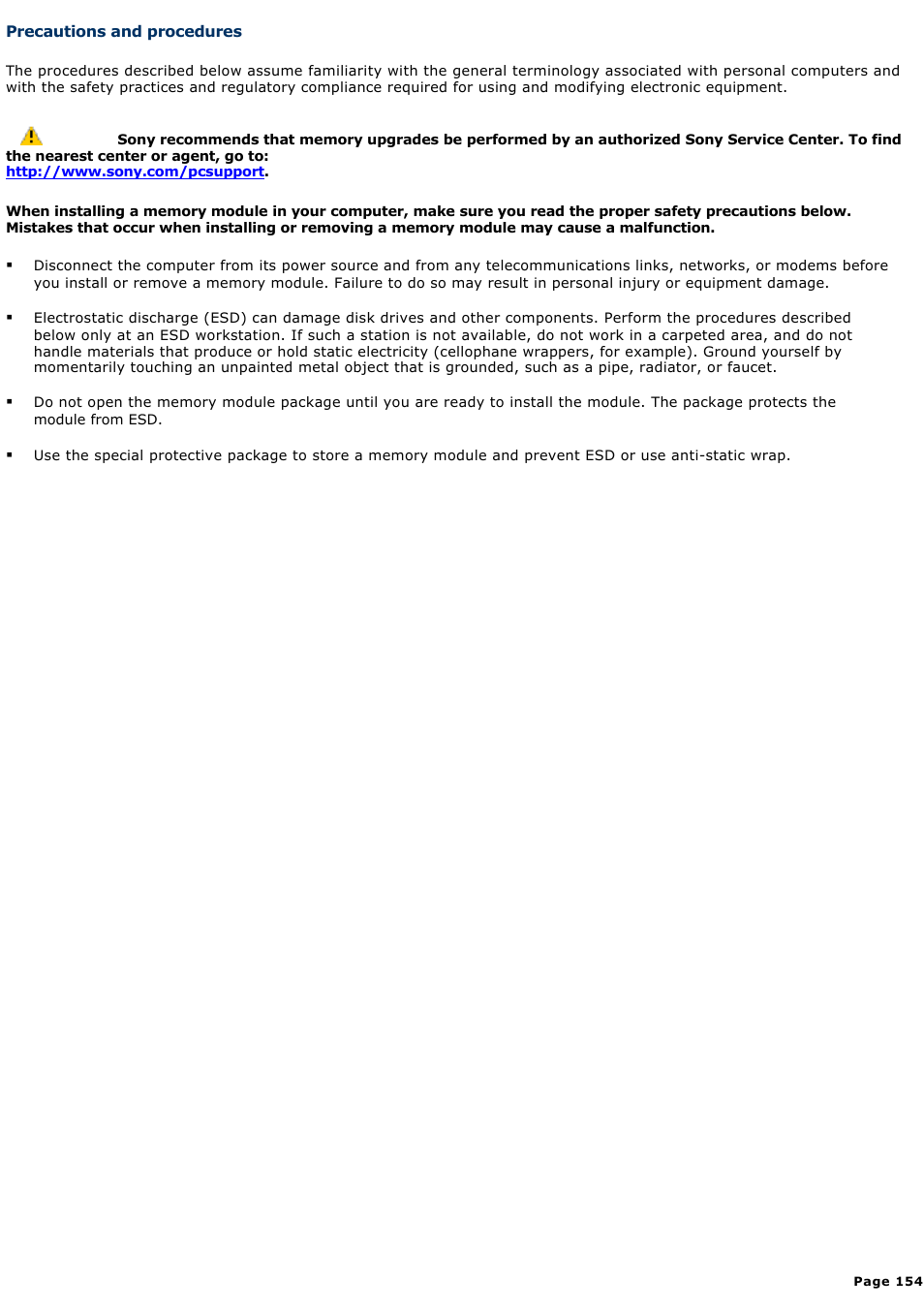 Precautions and procedures, See the | Sony PCG-NV200 User Manual | Page 154 / 187