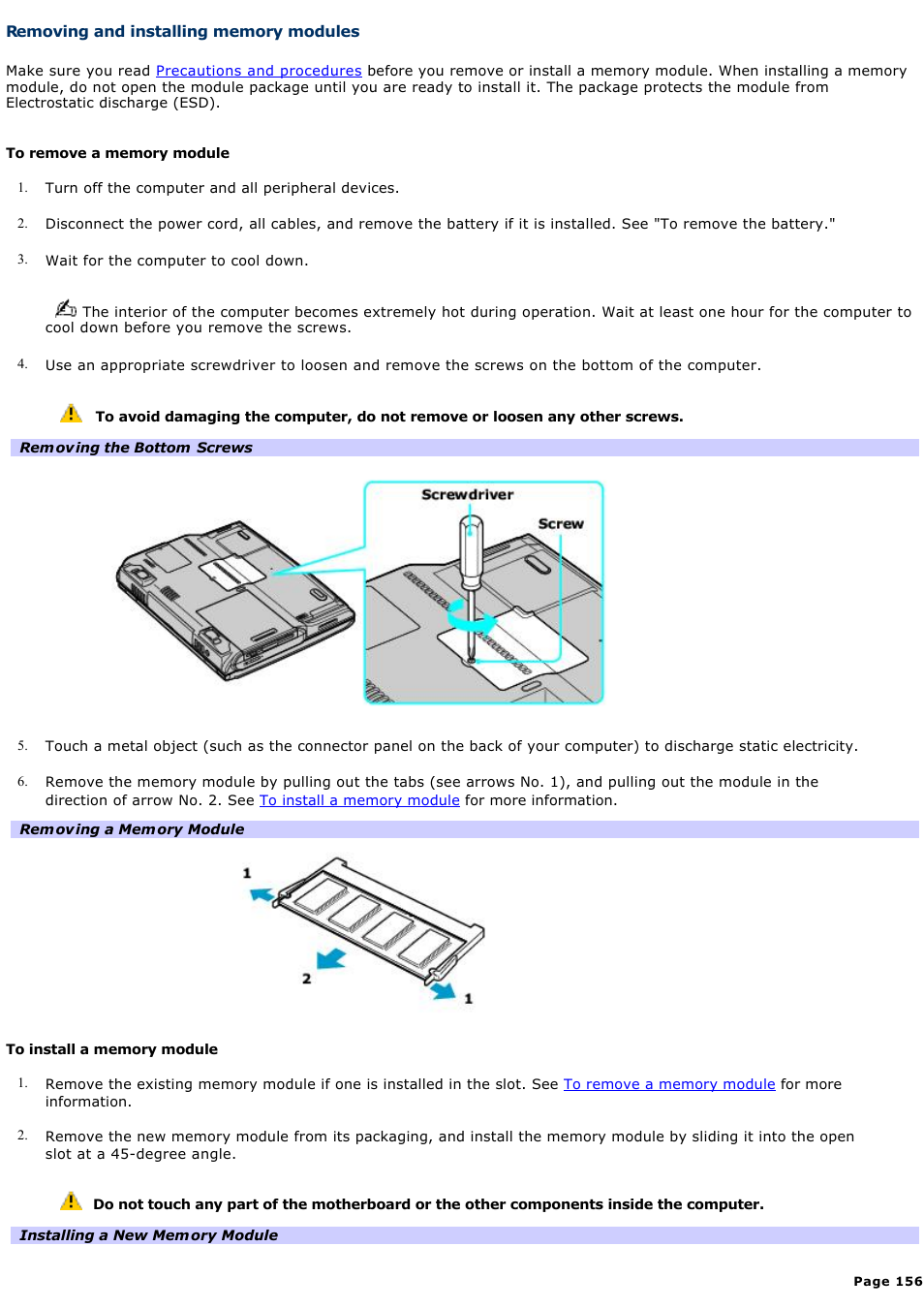 Removing and installing memory modules | Sony PCG-NV200 User Manual | Page 156 / 187