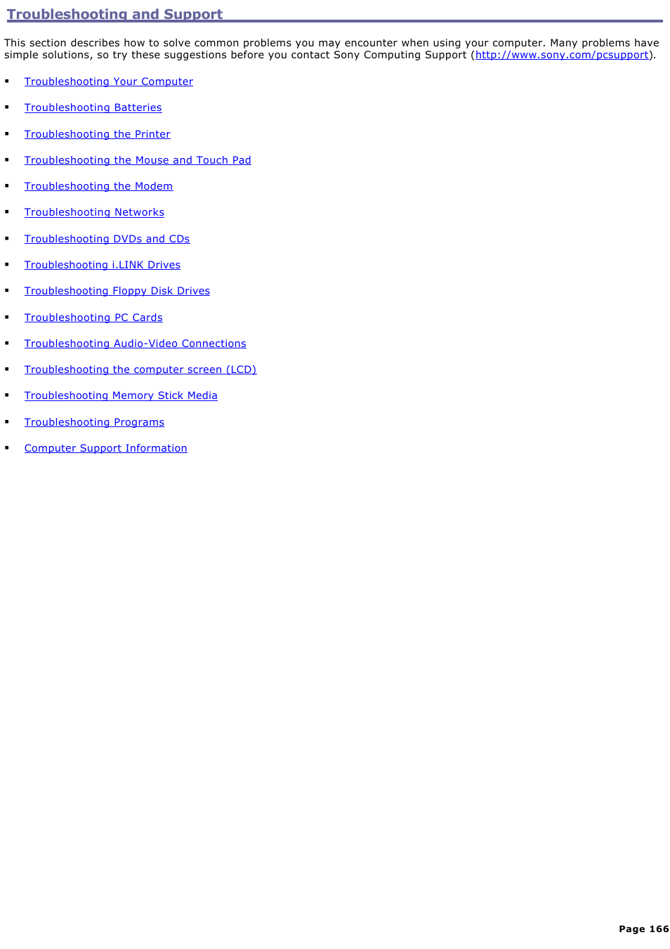 Troubleshooting and support | Sony PCG-NV200 User Manual | Page 166 / 187