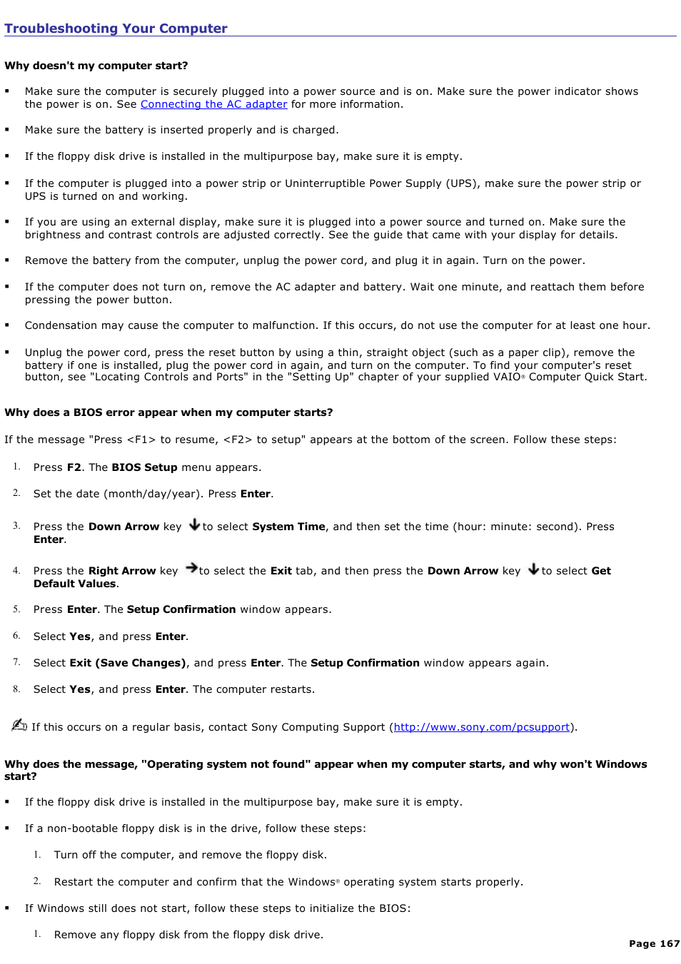 Troubleshooting your computer | Sony PCG-NV200 User Manual | Page 167 / 187