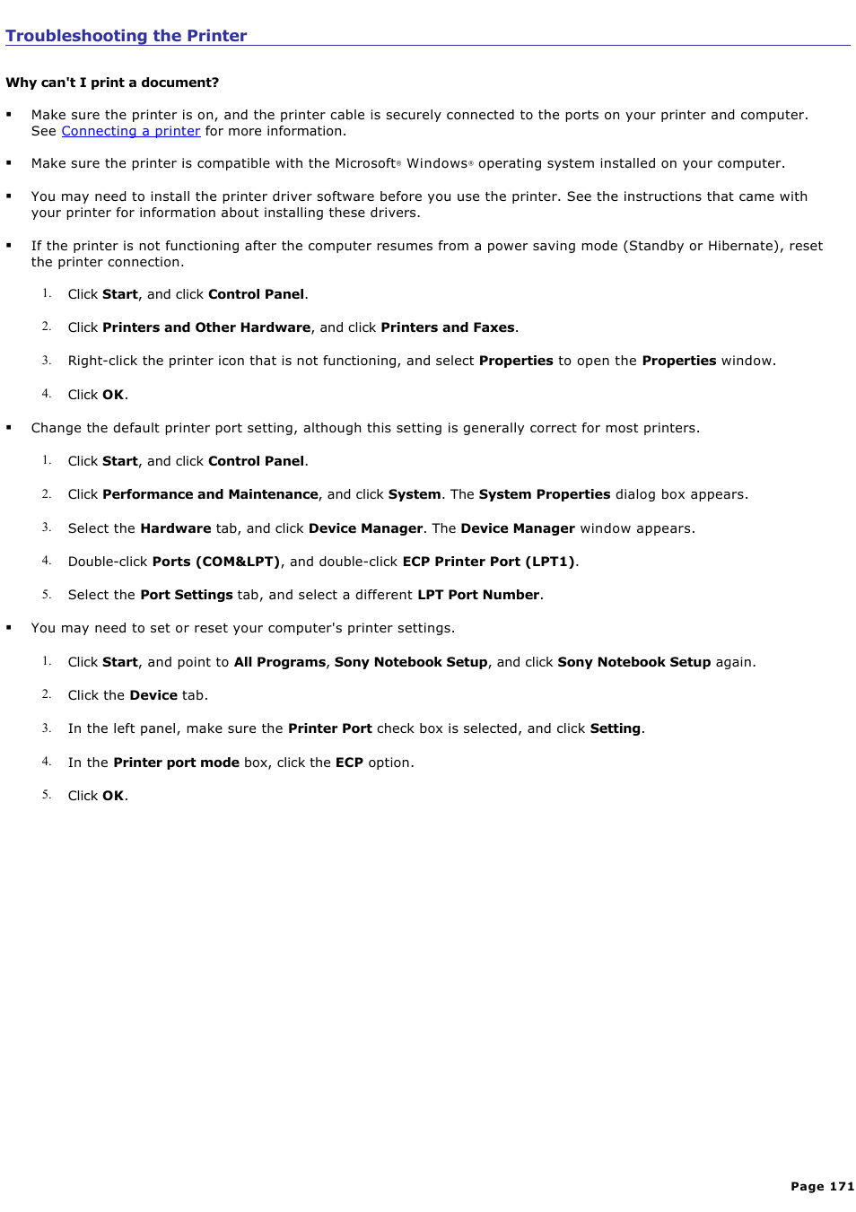 Troubleshooting the printer | Sony PCG-NV200 User Manual | Page 171 / 187