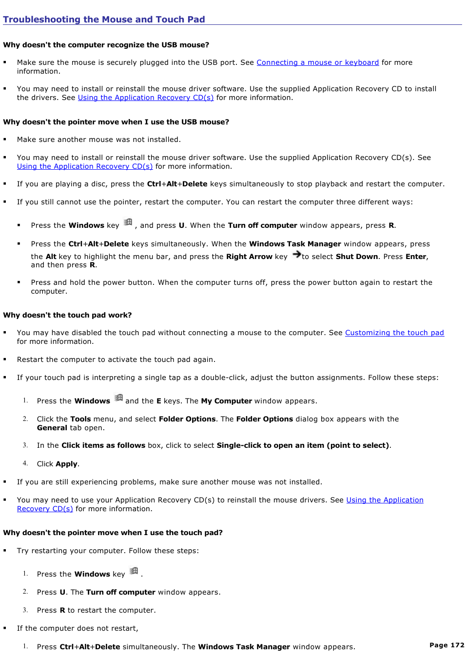 Troubleshooting the mouse and touch pad | Sony PCG-NV200 User Manual | Page 172 / 187