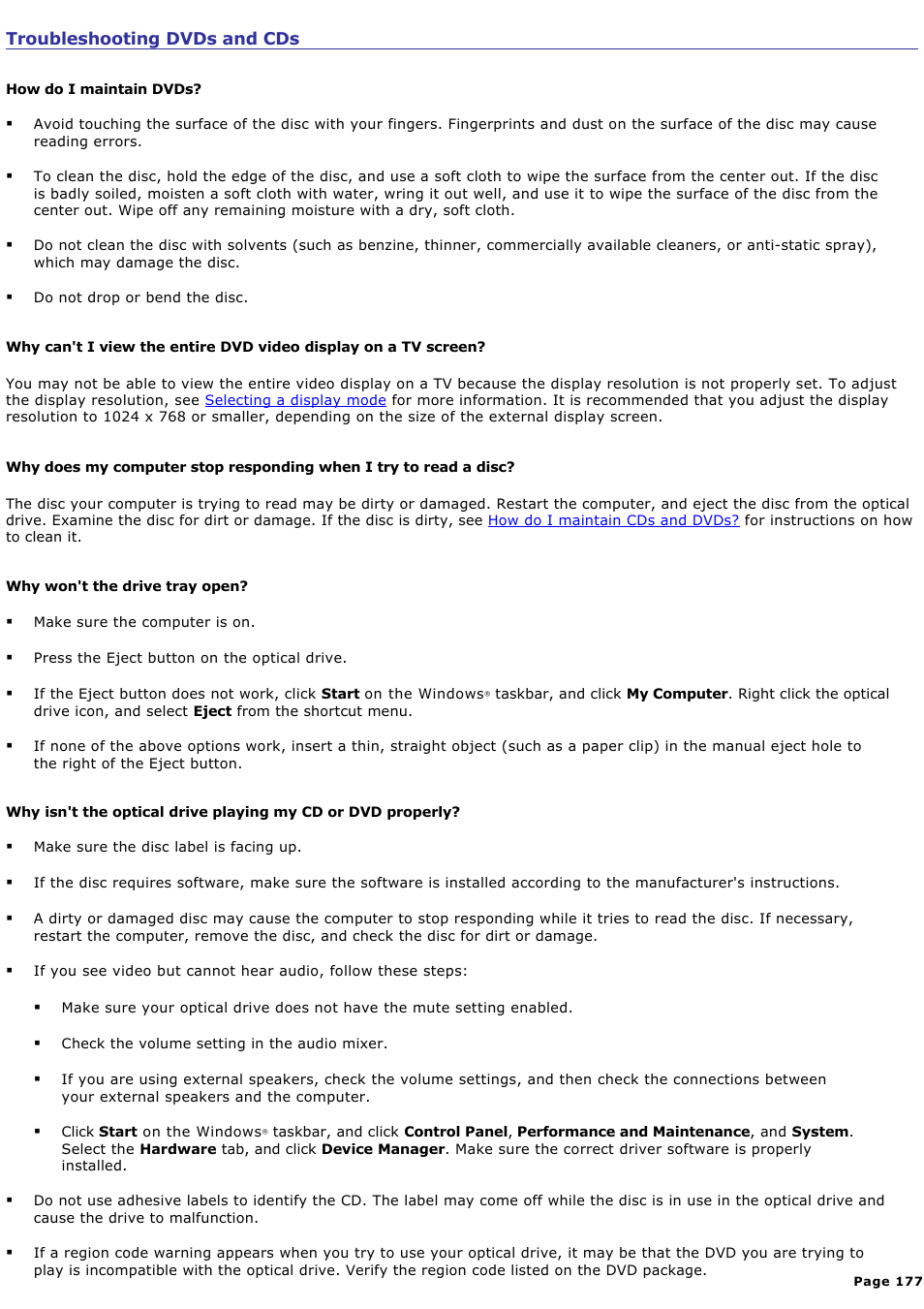 Troubleshooting dvds and cds | Sony PCG-NV200 User Manual | Page 177 / 187